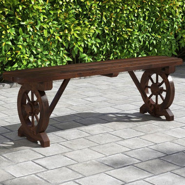  - Patio Rustic Wood Bench with Wagon Wheel Base - Outdoor Style Company