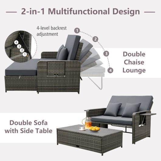  - Patio Wicker Loveseat Sofa with Multipurpose Ottoman and Retractable Side Tray - Outdoor Style Company