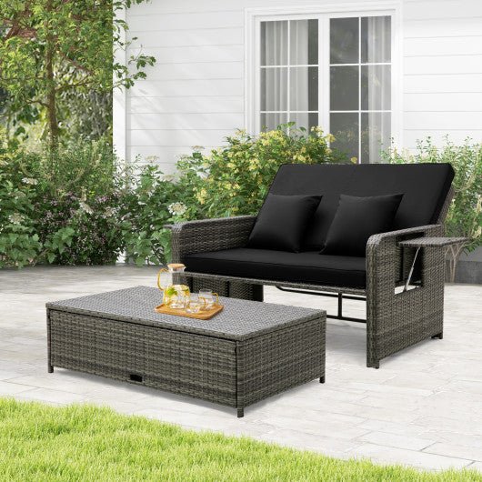  - Patio Wicker Loveseat Sofa with Multipurpose Ottoman and Retractable Side Tray - Outdoor Style Company
