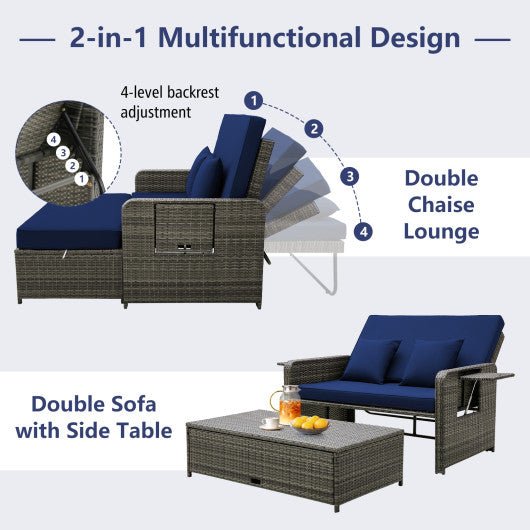  - Patio Wicker Loveseat Sofa with Multipurpose Ottoman and Retractable Side Tray - Outdoor Style Company