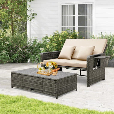  - Patio Wicker Loveseat Sofa with Multipurpose Ottoman and Retractable Side Tray - Outdoor Style Company