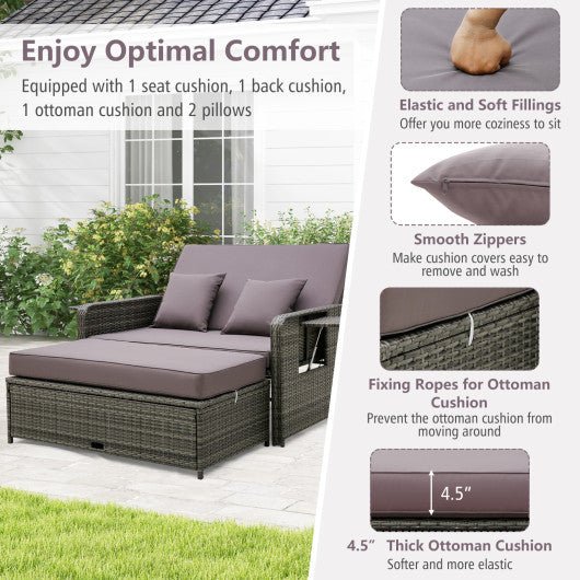  - Patio Wicker Loveseat Sofa with Multipurpose Ottoman and Retractable Side Tray - Outdoor Style Company