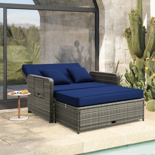  - Patio Wicker Loveseat Sofa with Multipurpose Ottoman and Retractable Side Tray - Outdoor Style Company