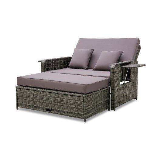  - Patio Wicker Loveseat Sofa with Multipurpose Ottoman and Retractable Side Tray - Outdoor Style Company