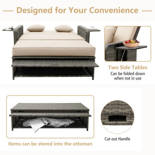  - Patio Wicker Loveseat Sofa with Multipurpose Ottoman and Retractable Side Tray - Outdoor Style Company