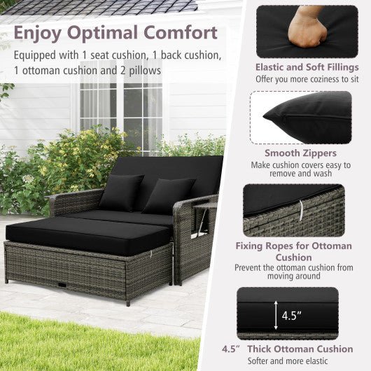  - Patio Wicker Loveseat Sofa with Multipurpose Ottoman and Retractable Side Tray - Outdoor Style Company