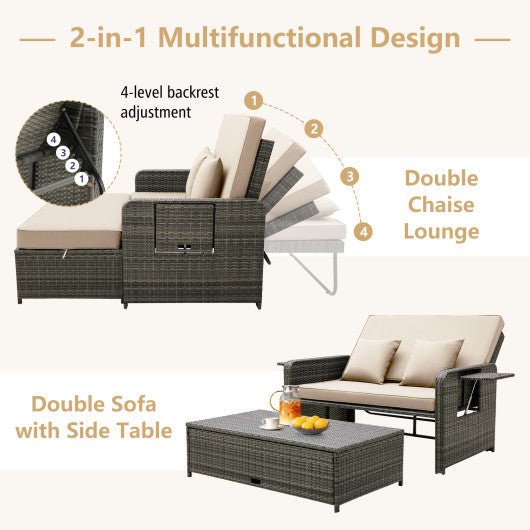  - Patio Wicker Loveseat Sofa with Multipurpose Ottoman and Retractable Side Tray - Outdoor Style Company