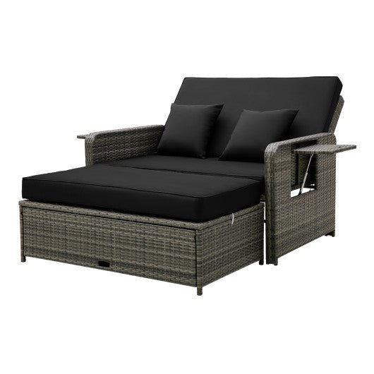  - Patio Wicker Loveseat Sofa with Multipurpose Ottoman and Retractable Side Tray - Outdoor Style Company