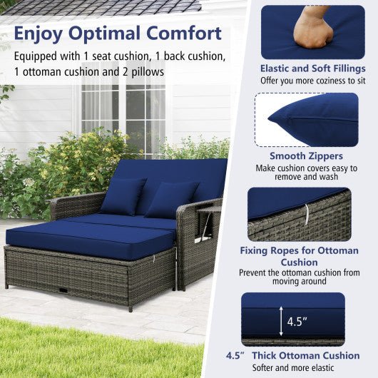  - Patio Wicker Loveseat Sofa with Multipurpose Ottoman and Retractable Side Tray - Outdoor Style Company