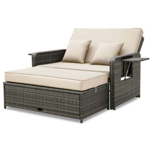  - Patio Wicker Loveseat Sofa with Multipurpose Ottoman and Retractable Side Tray - Outdoor Style Company