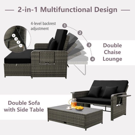  - Patio Wicker Loveseat Sofa with Multipurpose Ottoman and Retractable Side Tray - Outdoor Style Company