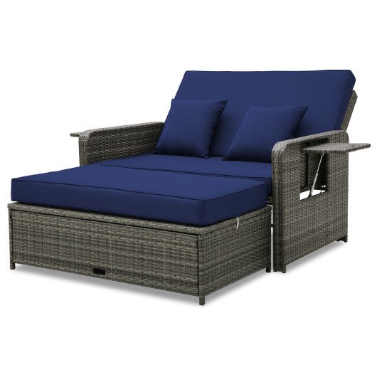  - Patio Wicker Loveseat Sofa with Multipurpose Ottoman and Retractable Side Tray - Outdoor Style Company