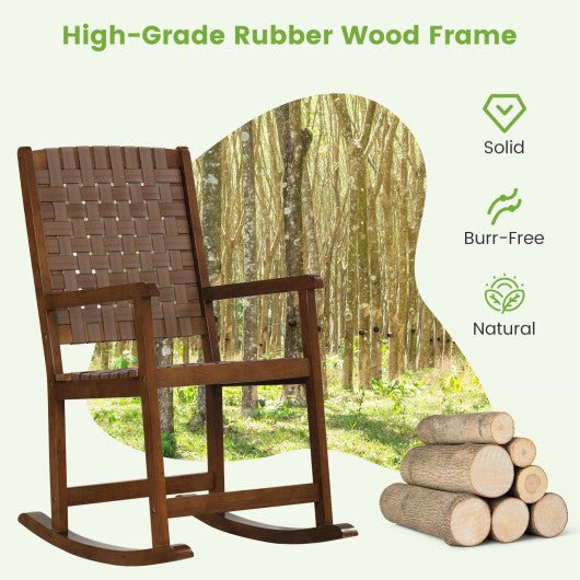  - Patio Wood Rocking Chair with PU Seat and Rubber Wood Frame - Outdoor Style Company