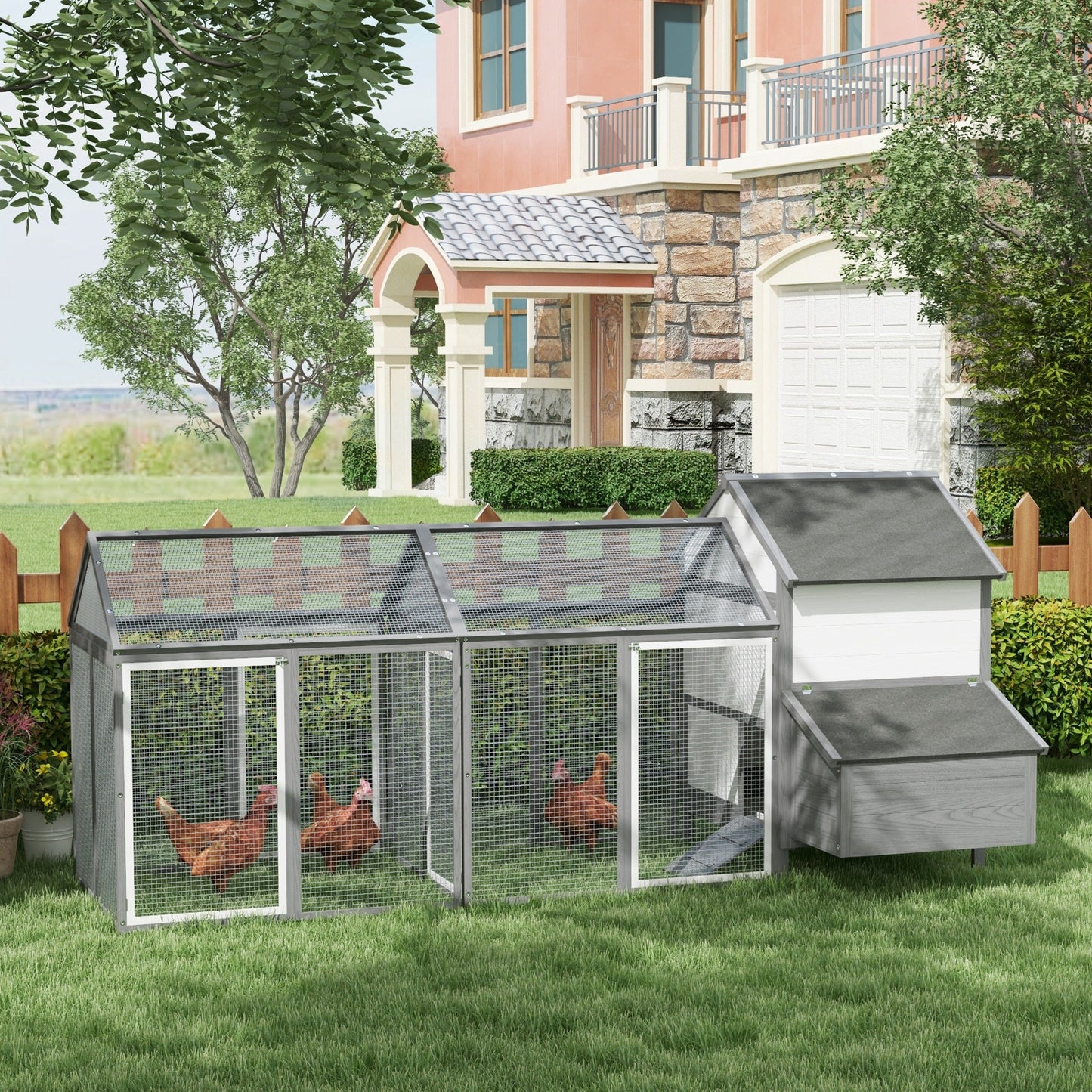 '-PawHut 100" Chicken Coop Wooden Chicken House Large Rabbit Hutch Poultry Cage Backyard with Double Run, Nesting Box, Gray - Outdoor Style Company