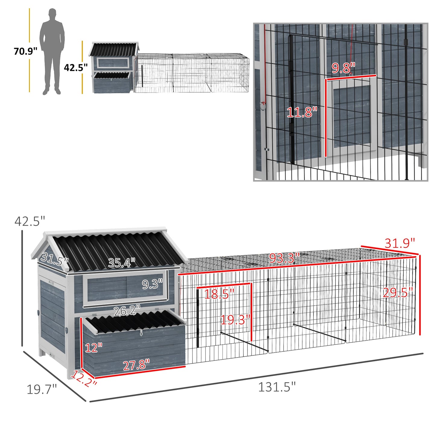 '-PawHut 11' x 5' x 3.5' Wooden Chicken Coop with Nesting Box, Run, Pull-out Tray, Perches for 2-4 Chickens, Dark Gray - Outdoor Style Company