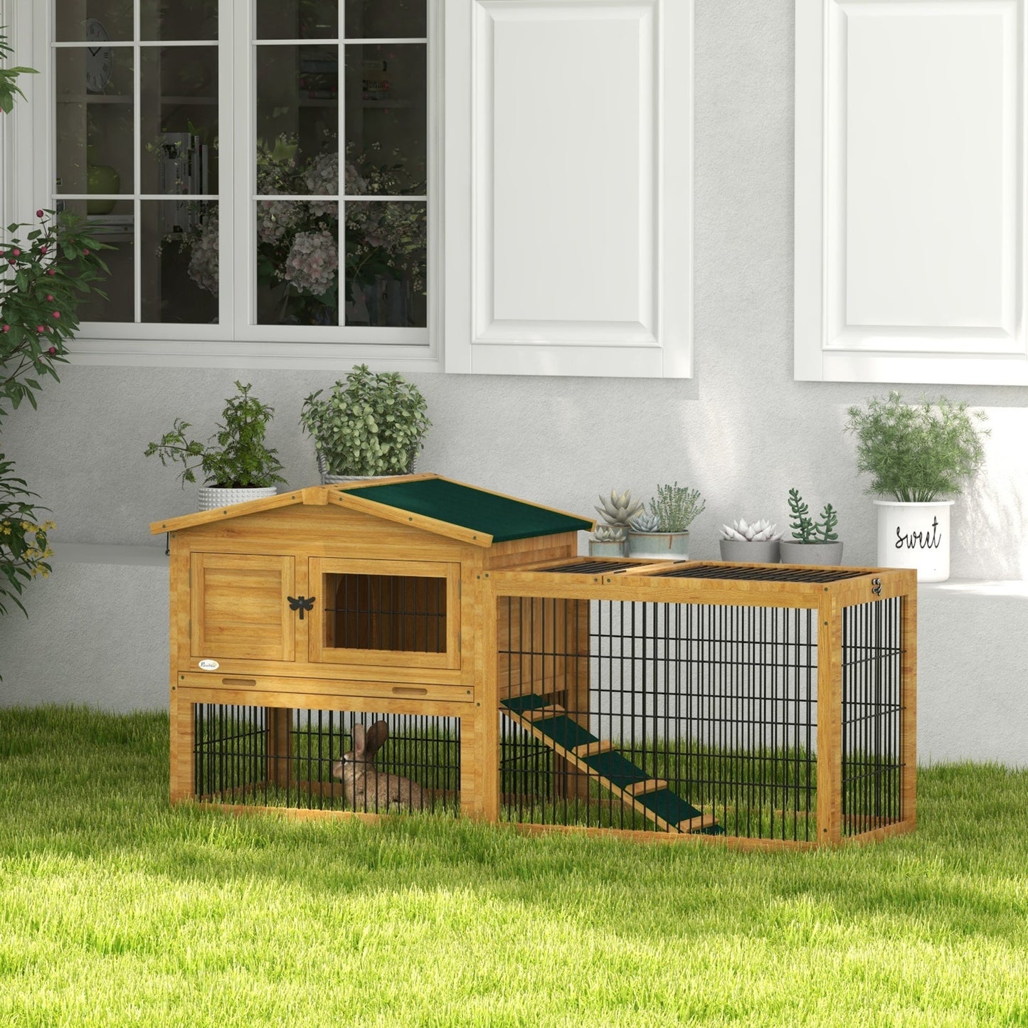 '-PawHut 2 Level 59" Outdoor Rabbit Hutch with Openable Top, Yellow - Outdoor Style Company