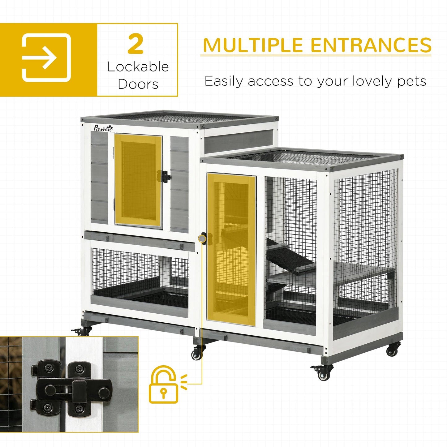 Portable Coops - PawHut 2 Story Rabbit Hutch Indoor Wood Rabbit House Bunny Hutch with Runs, Wheels, Waterproof Roof and Removable Tray, Gray - Outdoor Style Company