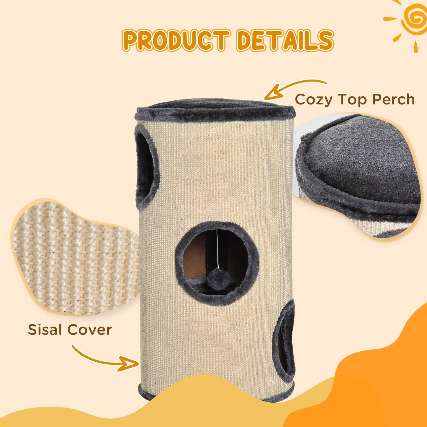 Miscellaneous - PawHut 28" Cat Condo 3 - Story Cat House with Sisal, Gray - Outdoor Style Company