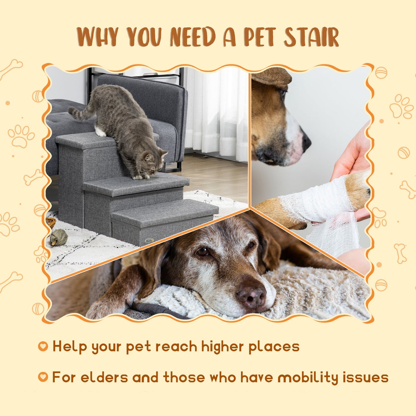 -PawHut 3-Steps Pet Stairs with Storage, Dog Steps for Couch, Bed, Pet Steps for Injured Pet, Older Pets, Small Cats, Gray - Outdoor Style Company