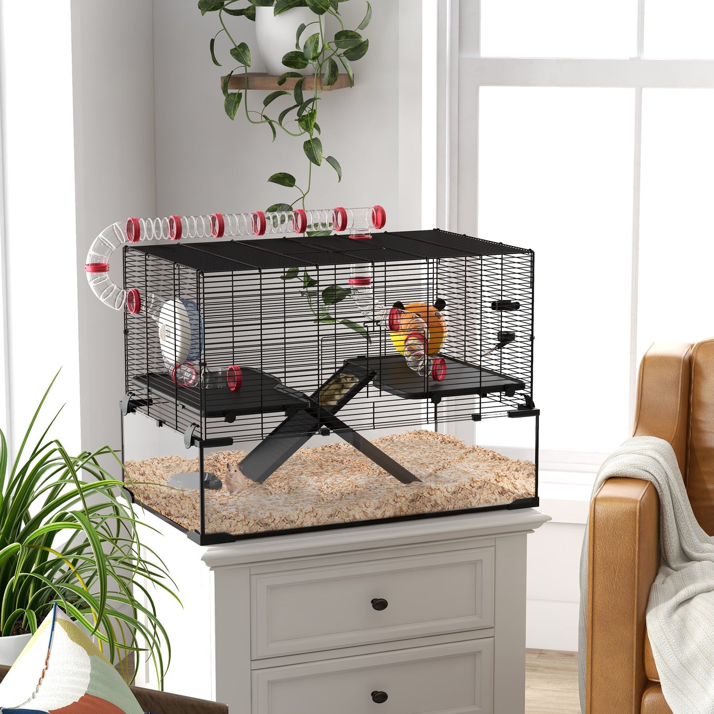 '-PawHut 31" Small Animal Cage Hamster Cage for Dwarf Hamster with Tubes and Tunnels, Water Bottle, Food Dish, Exercise Wheel - Outdoor Style Company