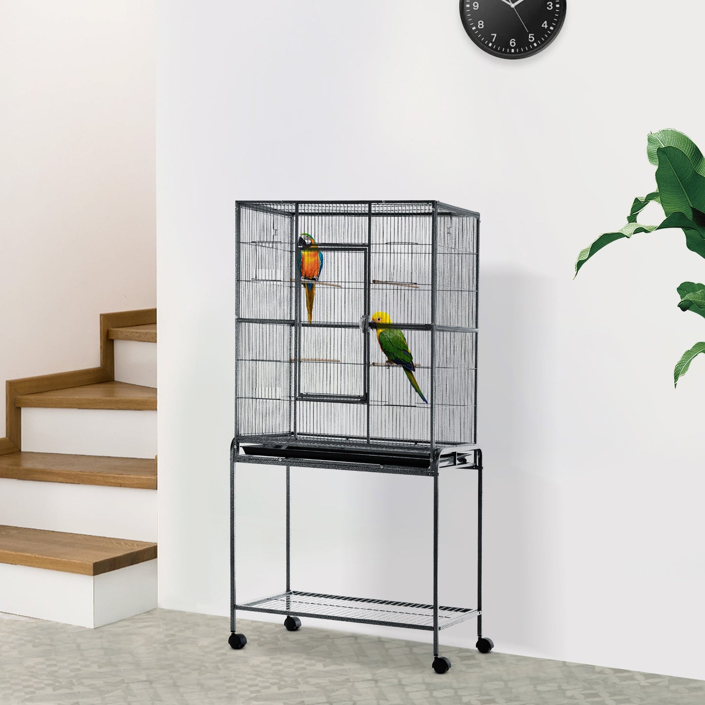 '-PawHut 32"L Large Rolling Metal Bird Cage Bird House with Detachable Rolling Stand Storage Shelf Wood Perch Food Container - Outdoor Style Company