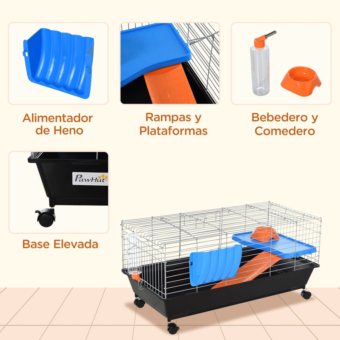 '-PawHut 35"L Small Animal CageRolling Bunny Cage, Guinea Pig Cage with Food Dish, Water Bottle, Hay Feeder, Platform, Ramp, Black - Outdoor Style Company