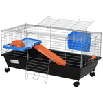 '-PawHut 35"L Small Animal CageRolling Bunny Cage, Guinea Pig Cage with Food Dish, Water Bottle, Hay Feeder, Platform, Ramp, Black - Outdoor Style Company