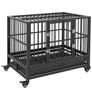 -PawHut 36" Heavy Duty Dog Cage Dog Crate, Metal Dog Cage Kennel with Lockable Wheels, Double Door and Removable Tray, Gray - Outdoor Style Company