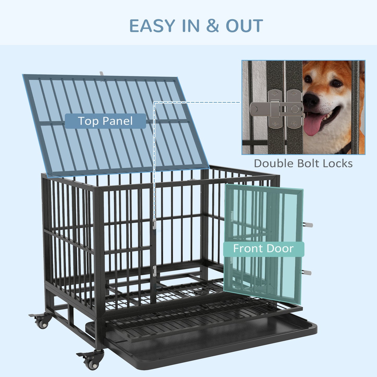 '-PawHut 36" Heavy Duty Dog Cage Dog Crate, Metal Dog Cage Kennel with Lockable Wheels, Double Door and Removable Tray, Gray - Outdoor Style Company