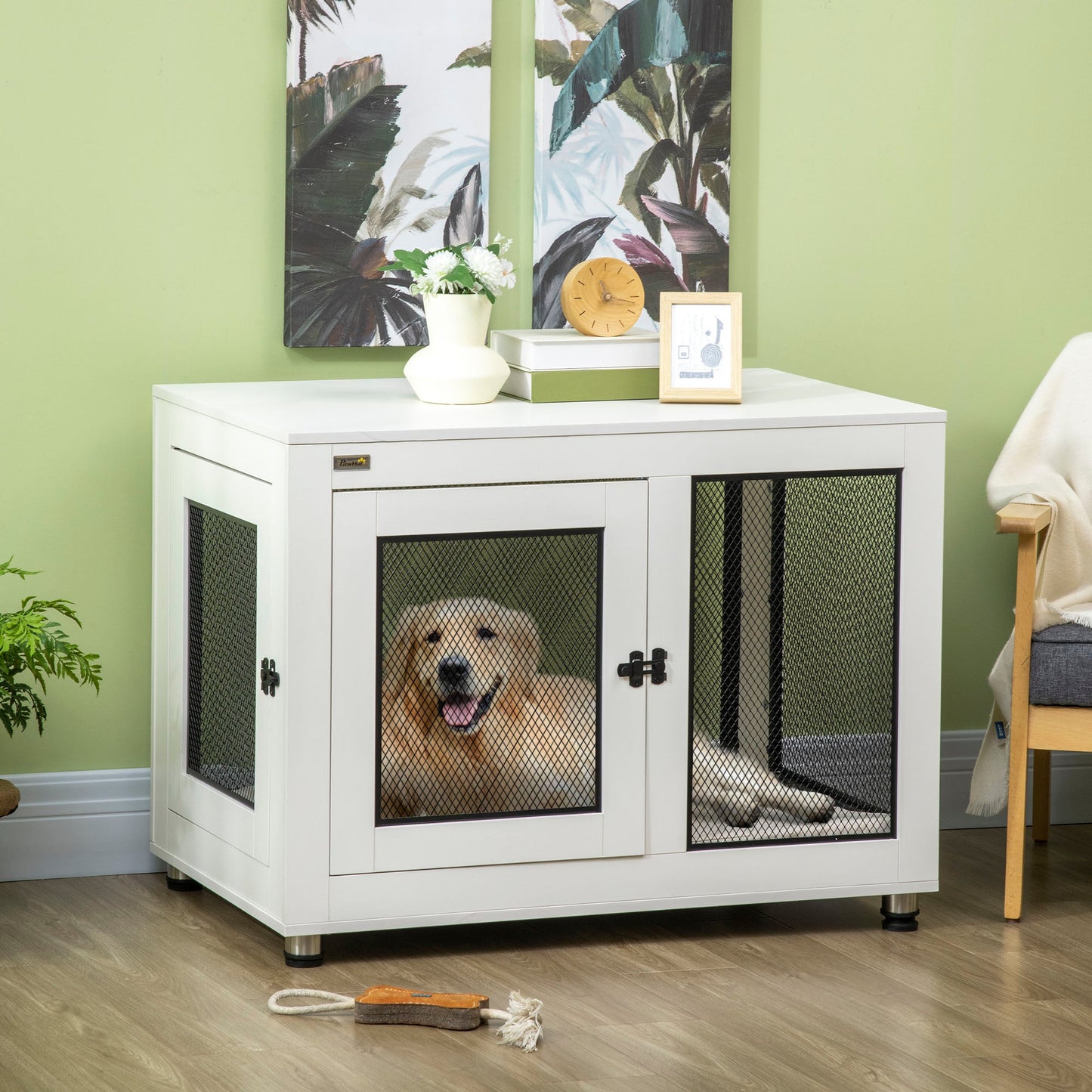 '-PawHut 37" Dog Crate Furniture with Water-Resistant Cushion & Double Doors, Dog Cage End Table for Large Dogs, White - Outdoor Style Company