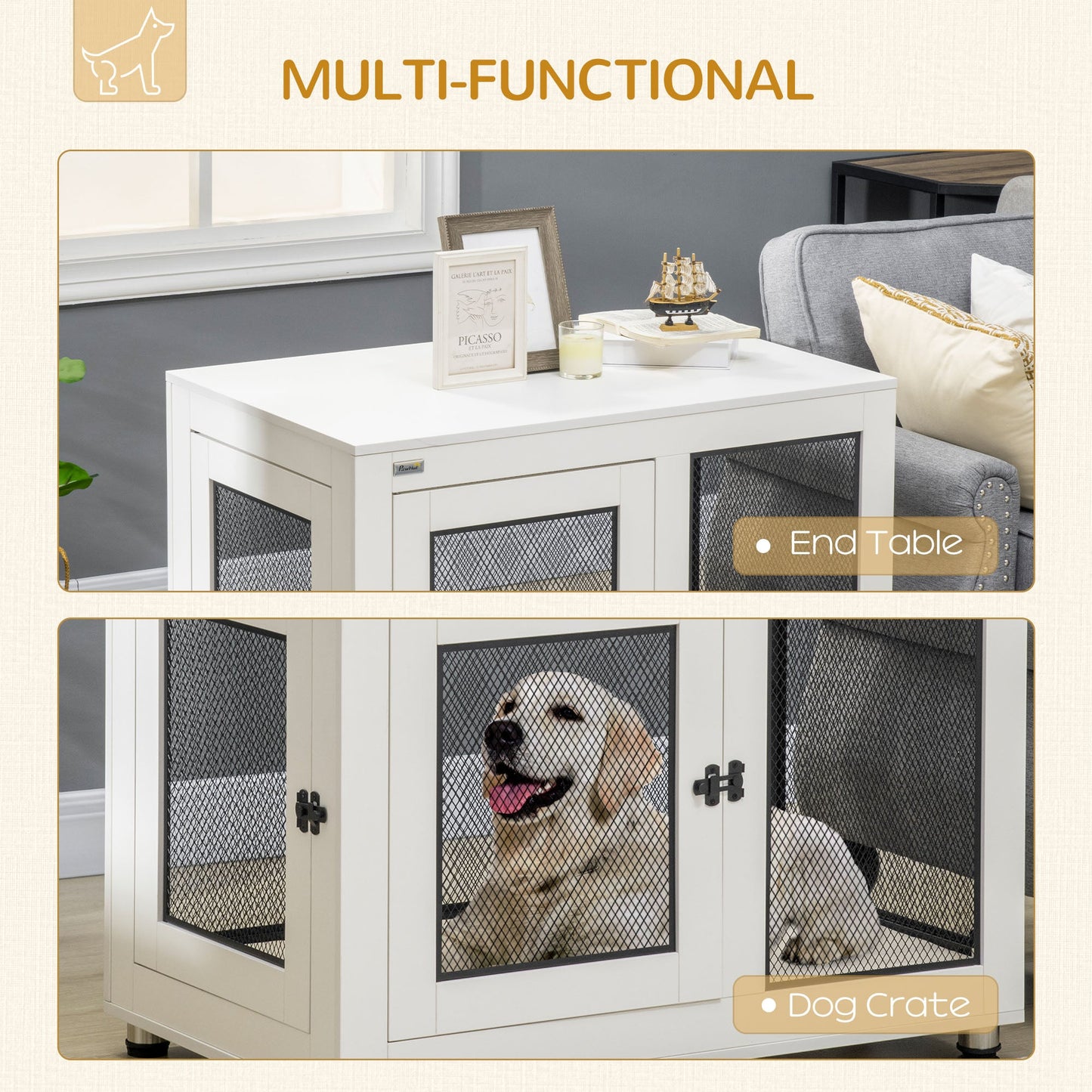 '-PawHut 37" Dog Crate Furniture with Water-Resistant Cushion & Double Doors, Dog Cage End Table for Large Dogs, White - Outdoor Style Company