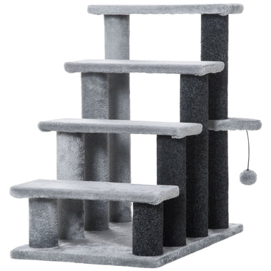 -PawHut 4-Level Cat Stair & Dog Stairs, Kitten Tree Climber, with Hanging Play Ball, Steps for Bed, Sofa, Light Grey - Outdoor Style Company