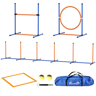 -PawHut 4 Pcs Agility Training Equipment for Dogs w/ Weave Poles Adjustable Hurdle Jumping Ring, Pause Box for Backyard Orange - Outdoor Style Company