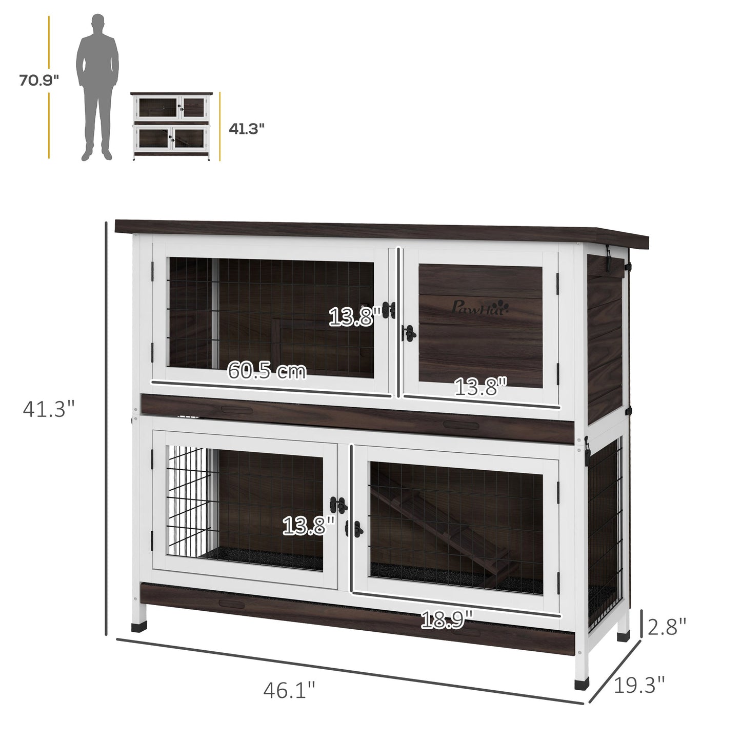 '-PawHut 46" Outdoor Rabbit Hutch, Bunny Cage Pet House w/ Removable Trays & Ramp for 1-2 Rabbits, Small Animal Habitat, Brown - Outdoor Style Company