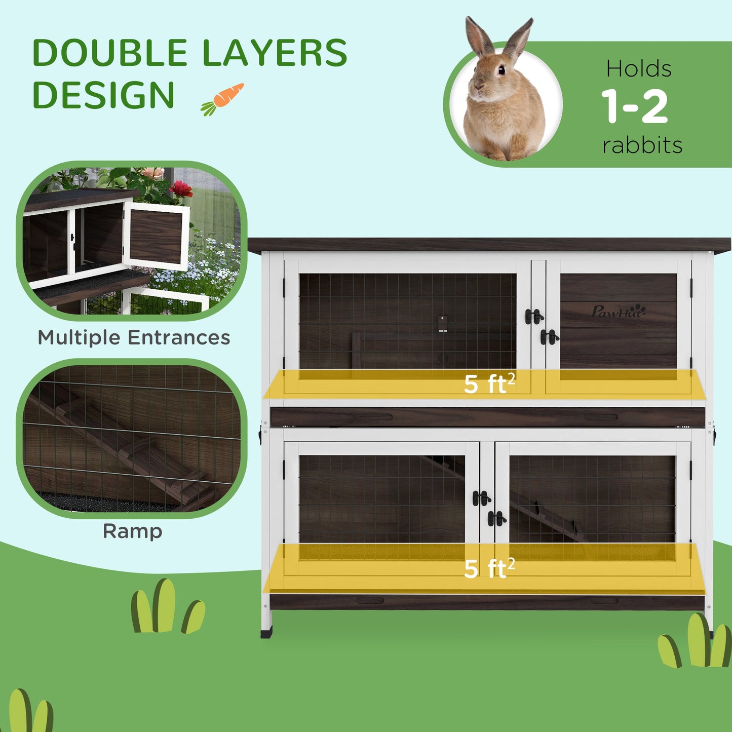 '-PawHut 46" Outdoor Rabbit Hutch, Bunny Cage Pet House w/ Removable Trays & Ramp for 1-2 Rabbits, Small Animal Habitat, Brown - Outdoor Style Company