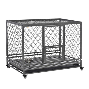 -PawHut 49.5" Heavy Duty Dog Cage, Metal Dog Kennel Crate, Dog Playpen with Lockable Wheels, Slide-out Tray, Food Bowl & Double Doors, Black - Outdoor Style Company