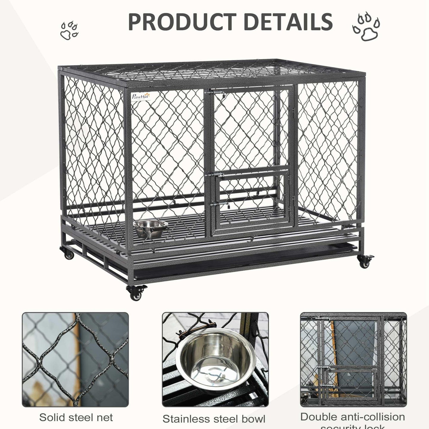 '-PawHut 49.5" Heavy Duty Dog Cage, Metal Dog Kennel Crate, Dog Playpen with Lockable Wheels, Slide-out Tray, Food Bowl & Double Doors, Black - Outdoor Style Company