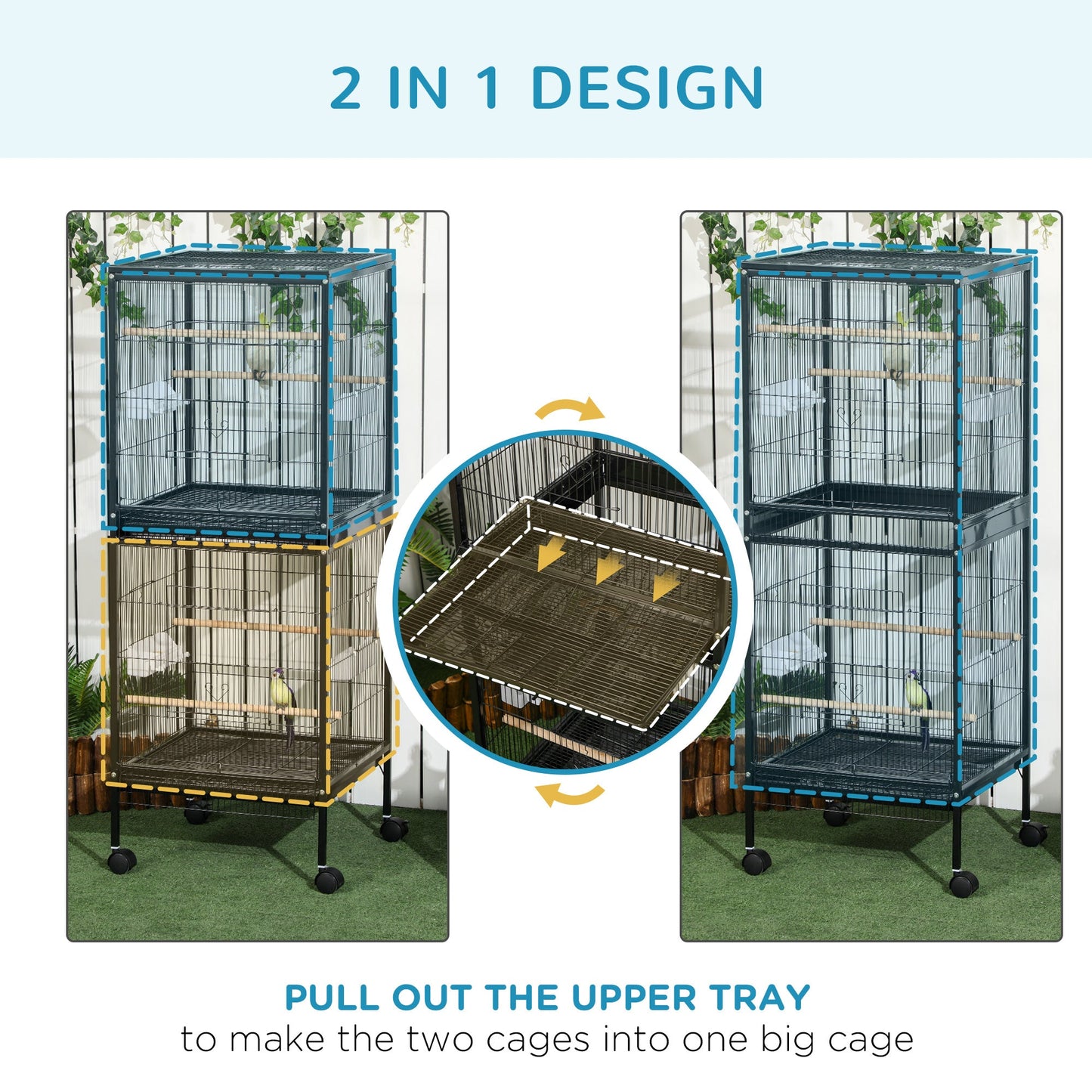 '-PawHut 55" 2 In 1 Bird Cage Aviary Parakeet House for finches, budgies with Wheels, Black - Outdoor Style Company