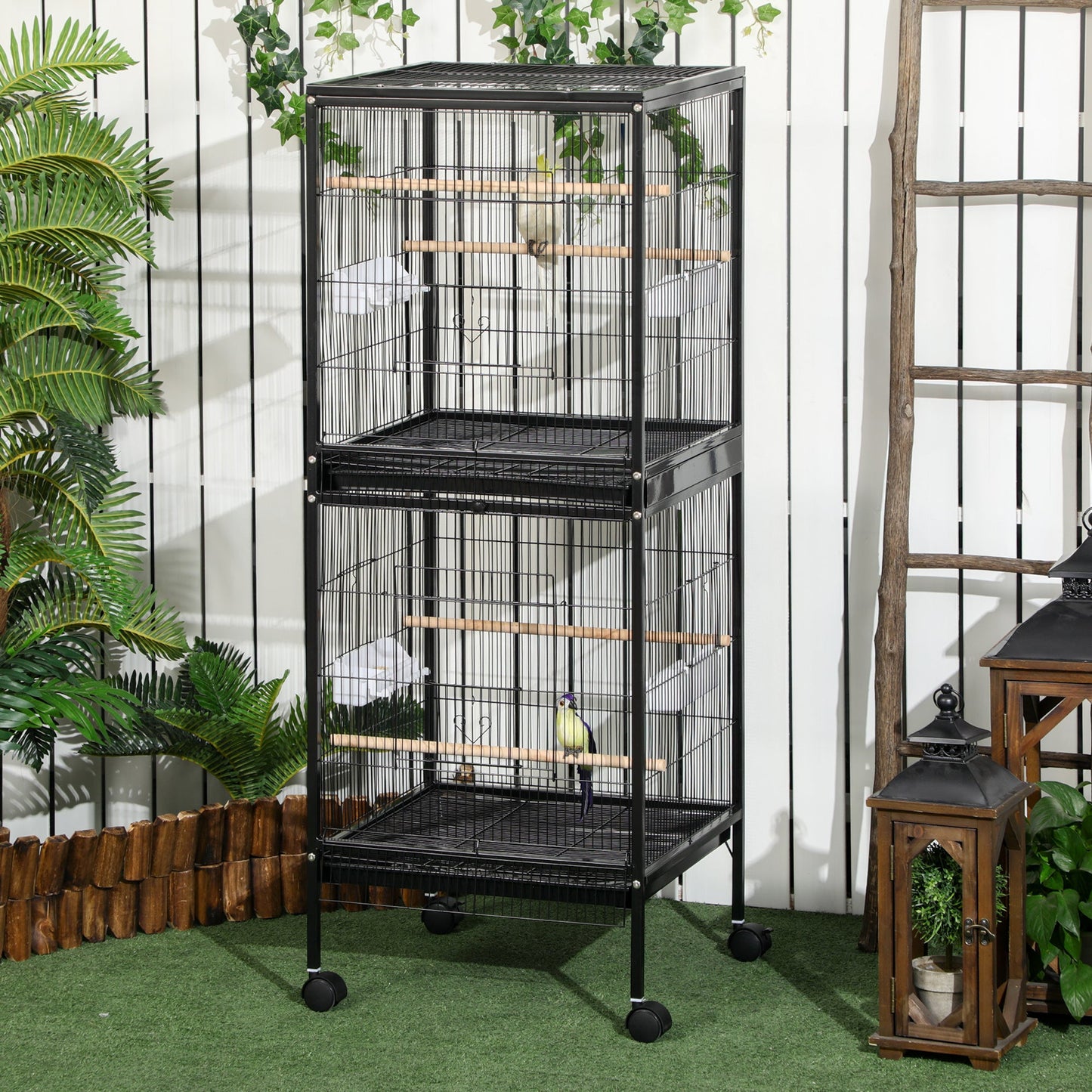 '-PawHut 55" 2 In 1 Bird Cage Aviary Parakeet House for finches, budgies with Wheels, Black - Outdoor Style Company