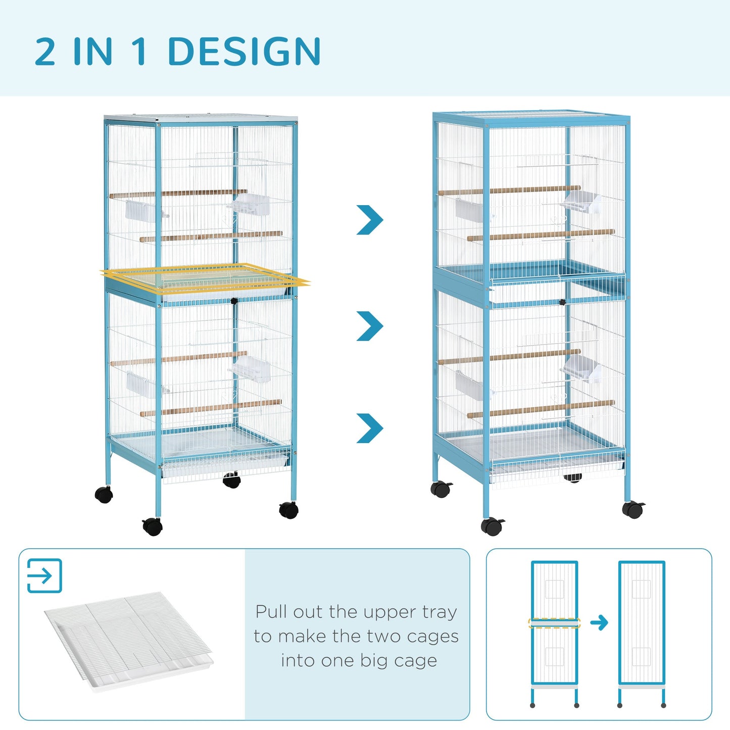 '-PawHut 55" 2 In 1 Bird Cage Aviary Parakeet House for finches, budgies with Wheels, Light Blue - Outdoor Style Company