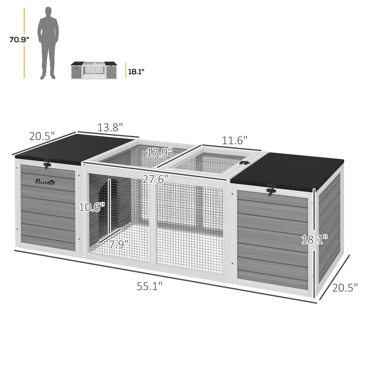 '-PawHut 55" Rabbit Hutch Pet House, Outdoor Rabbit Cage w/ Openable Asphalt Roofs, Animal Habitat, Gray - Outdoor Style Company