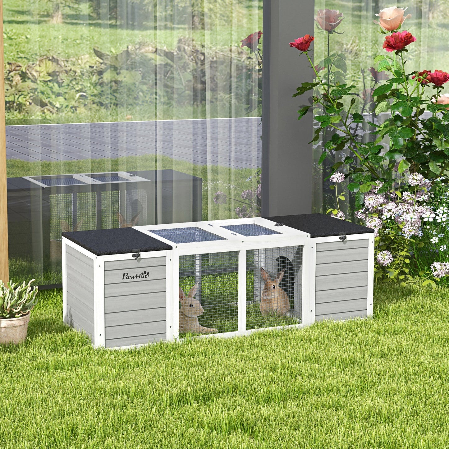 '-PawHut 55" Rabbit Hutch Pet House, Outdoor Rabbit Cage w/ Openable Asphalt Roofs, Animal Habitat, Gray - Outdoor Style Company