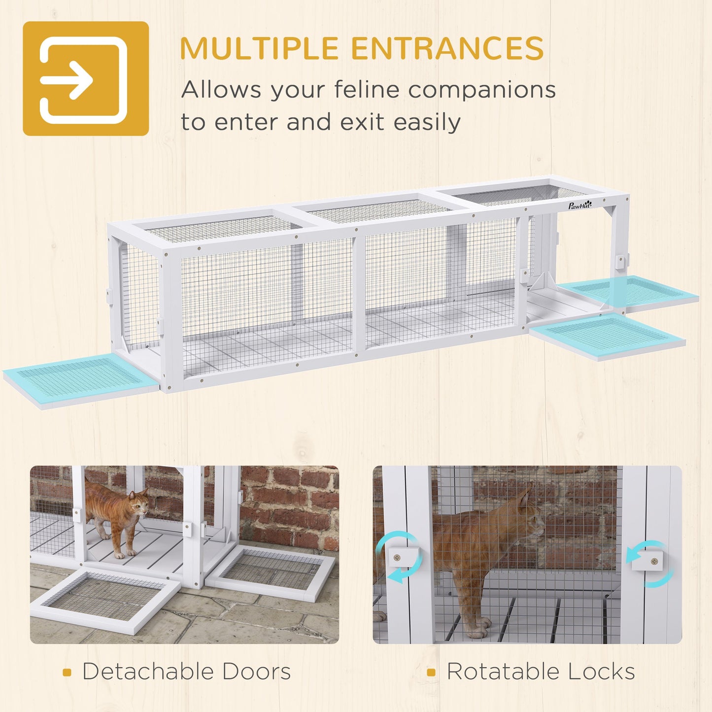 '-PawHut 59" Wooden Cat Tunnel Outdoor, Long Cat Run with Extendable Design & Weather Protection, Cat Enclosure for Deck Patio Balcony, White - Outdoor Style Company