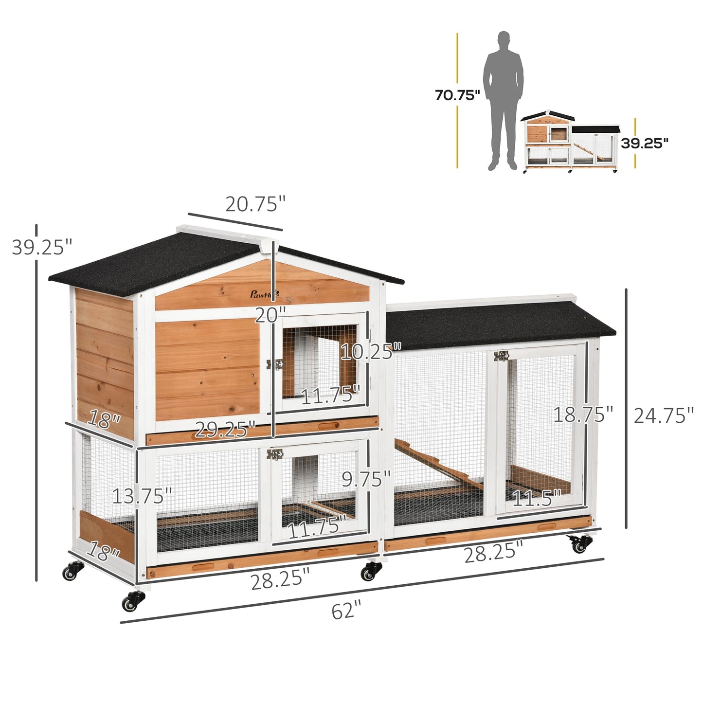 '-PawHut 62" Wooden Mobile Rabbit Hutch with Wheels, Run Box, Slide-Out Tray & Ramp, Yellow - Outdoor Style Company