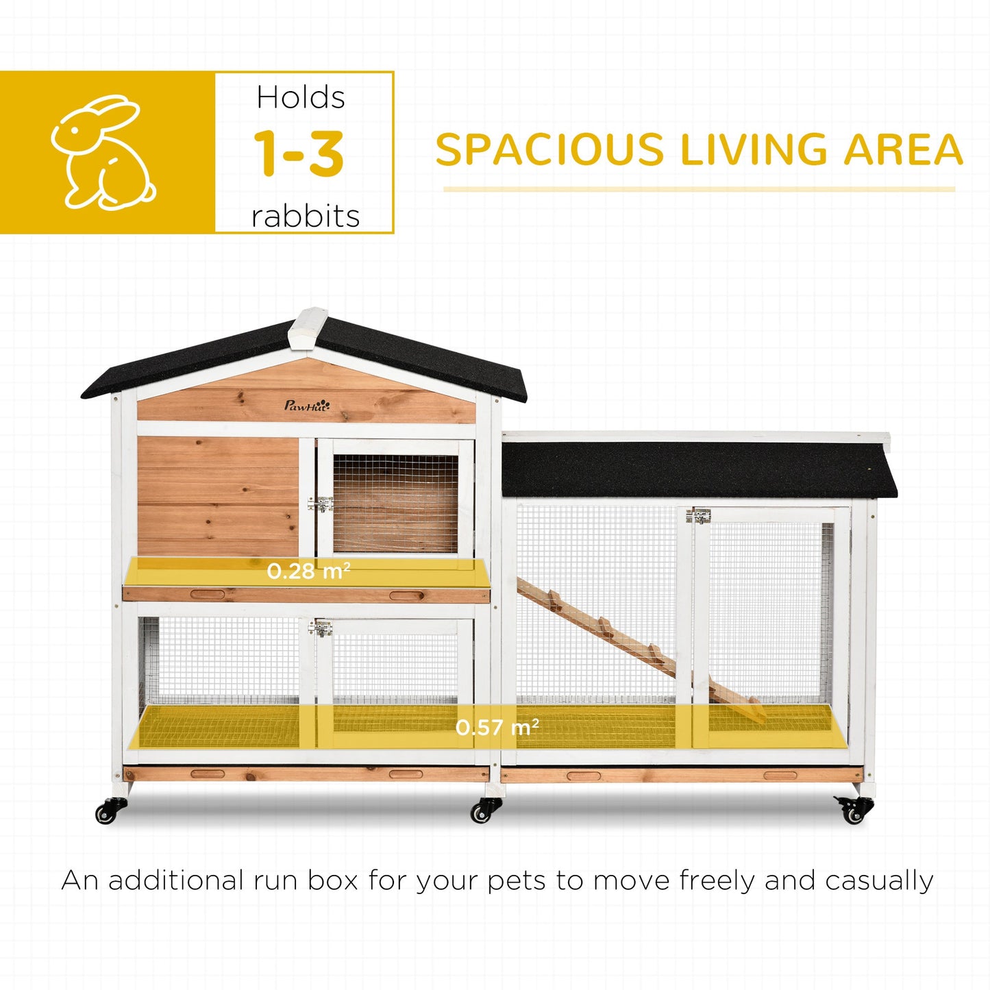 '-PawHut 62" Wooden Mobile Rabbit Hutch with Wheels, Run Box, Slide-Out Tray & Ramp, Yellow - Outdoor Style Company