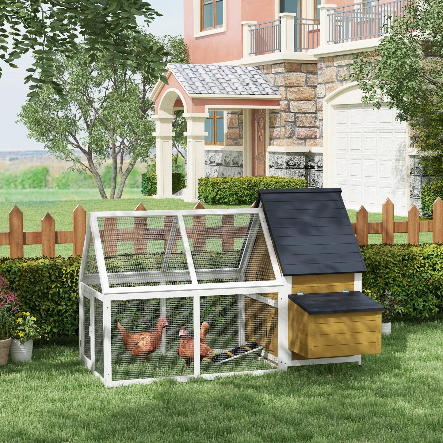 '-PawHut 65" Chicken Coop Wooden Chicken Hous,e Rabbit Hutch Poultry Cage Hen Pen with Nesting Box, Ramp & Run for Backyard, Yellow - Outdoor Style Company