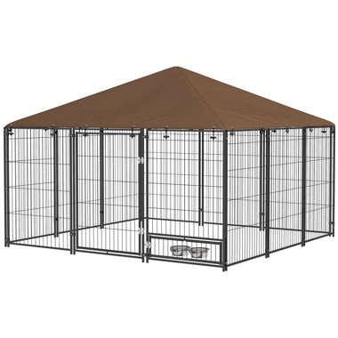 -PawHut 6.9' x 6.9' x 5' Outdoor Dog Kennel with Canopy Garden Playpen Fence Crate Enclosure Cage Rotating Bowl, Coffee - Outdoor Style Company
