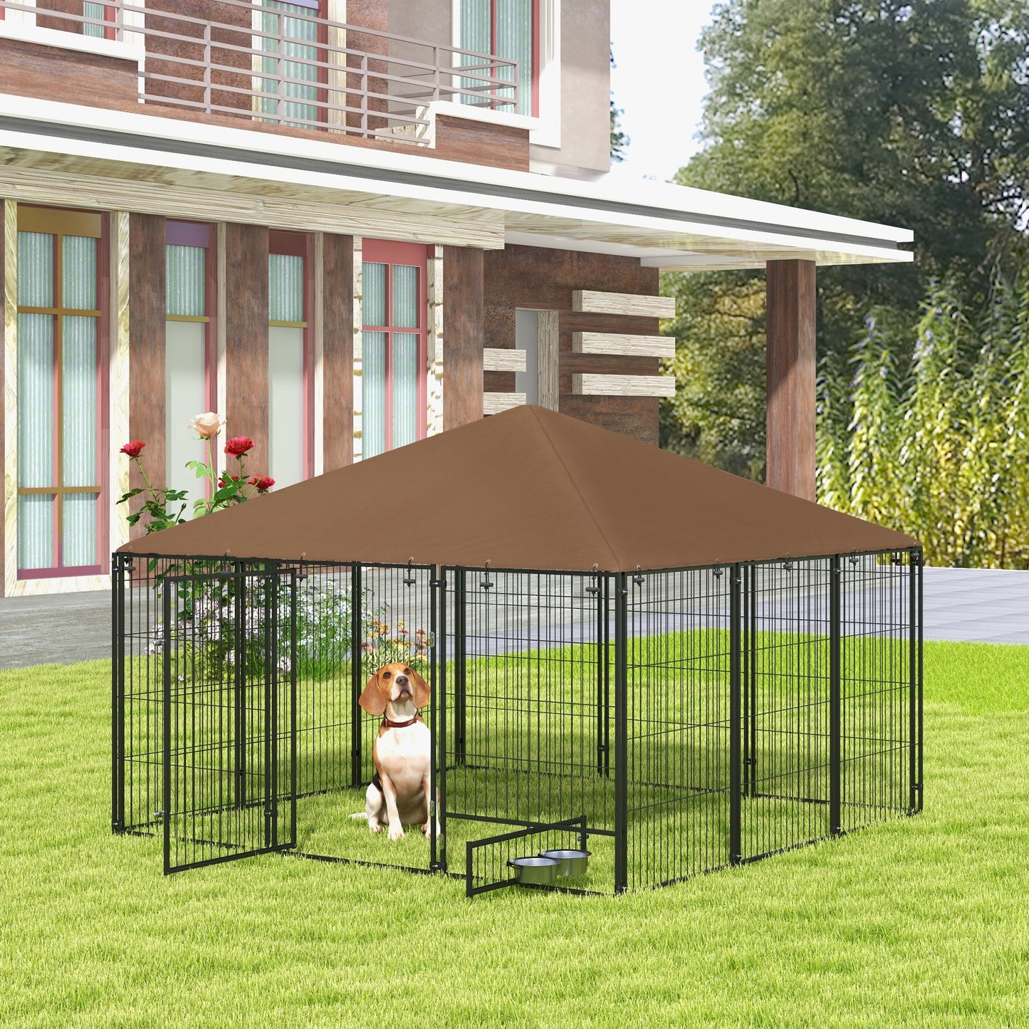 '-PawHut 6.9' x 6.9' x 5' Outdoor Dog Kennel with Canopy Garden Playpen Fence Crate Enclosure Cage Rotating Bowl, Coffee - Outdoor Style Company