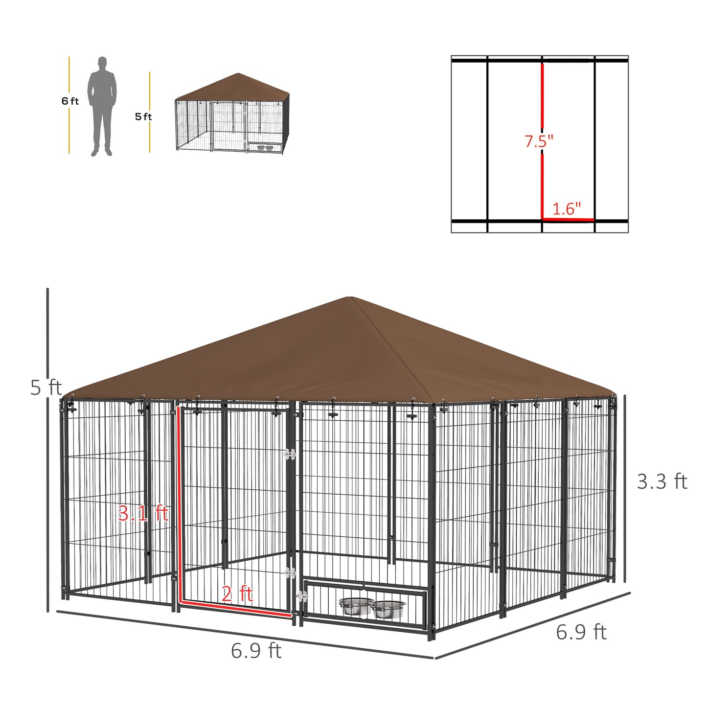 '-PawHut 6.9' x 6.9' x 5' Outdoor Dog Kennel with Canopy Garden Playpen Fence Crate Enclosure Cage Rotating Bowl, Coffee - Outdoor Style Company