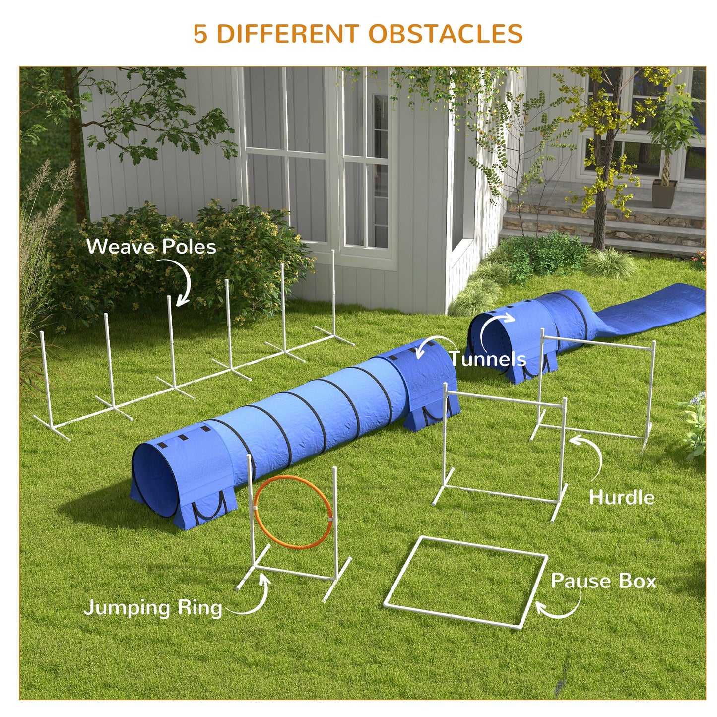 '-PawHut 7 Pcs Agility Training Equipment for Dogs w/ Tunnels Weave Poles Adjustable Hurdle Jumping Ring, Pause Box, Blue - Outdoor Style Company